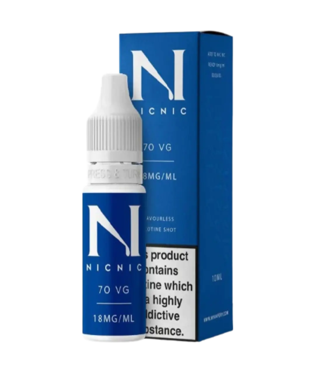 A bottle of Luxe Vaper Nic Nic 70VG Nicotine Shot and its packaging. The label indicates "18mg/ml" in a 10ml bottle with a 70 vg composition, warning of high nicotine content.