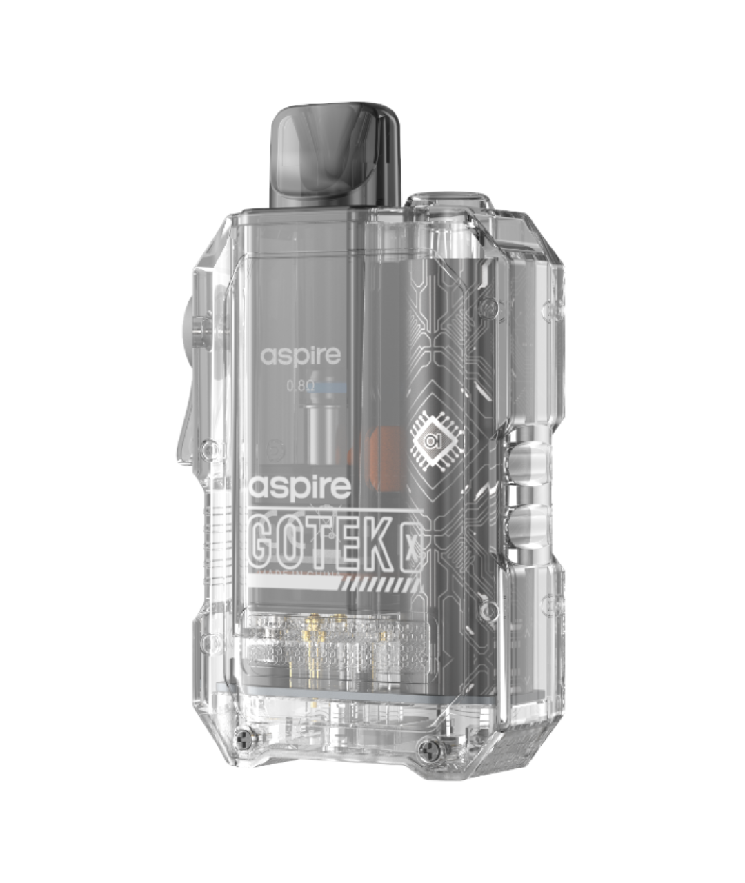 A transparent Aspire Gotek X Kit electronic cigarette device showcasing its intricate internal circuitry and branding.