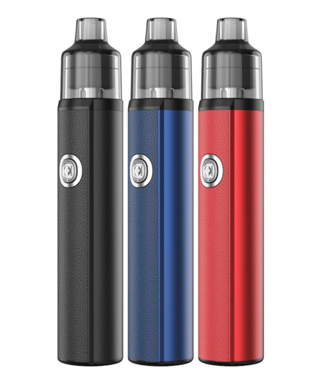 Three Aspire BP Stik Kits in black, blue, and red from the Aspire brand, displayed upright with prominent power buttons on their bodies. Each device is cylindrical and features a metallic finish at the