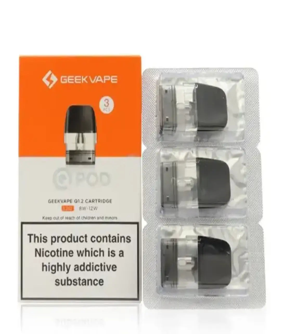 Packaging of Geekvape Q Pods - 3 Pack showing three refillable pod cartridges in blister packs, with an orange and white box warning about nicotine, a highly addictive substance.