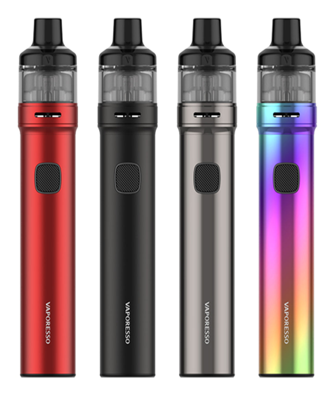 Four Vaporesso GTX Go 80 Kits are displayed in a row against a white background. From left to right, the colors are red, black, gray, and a rainbow gradient. Each kit features a circular button and clear tank at the top, showcasing their sleek design and leak-resistant technology.
