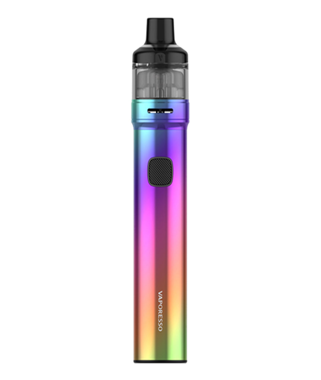 A Vaporesso GTX Go 80 Kit with a cylindrical shape, featuring a gradient rainbow color scheme. It has a black mouthpiece at the top and a single button on its front. The brand name "Vaporesso" is written vertically near the bottom. This Vaporesso GTX Go 80 Kit also boasts leak-resistant technology.