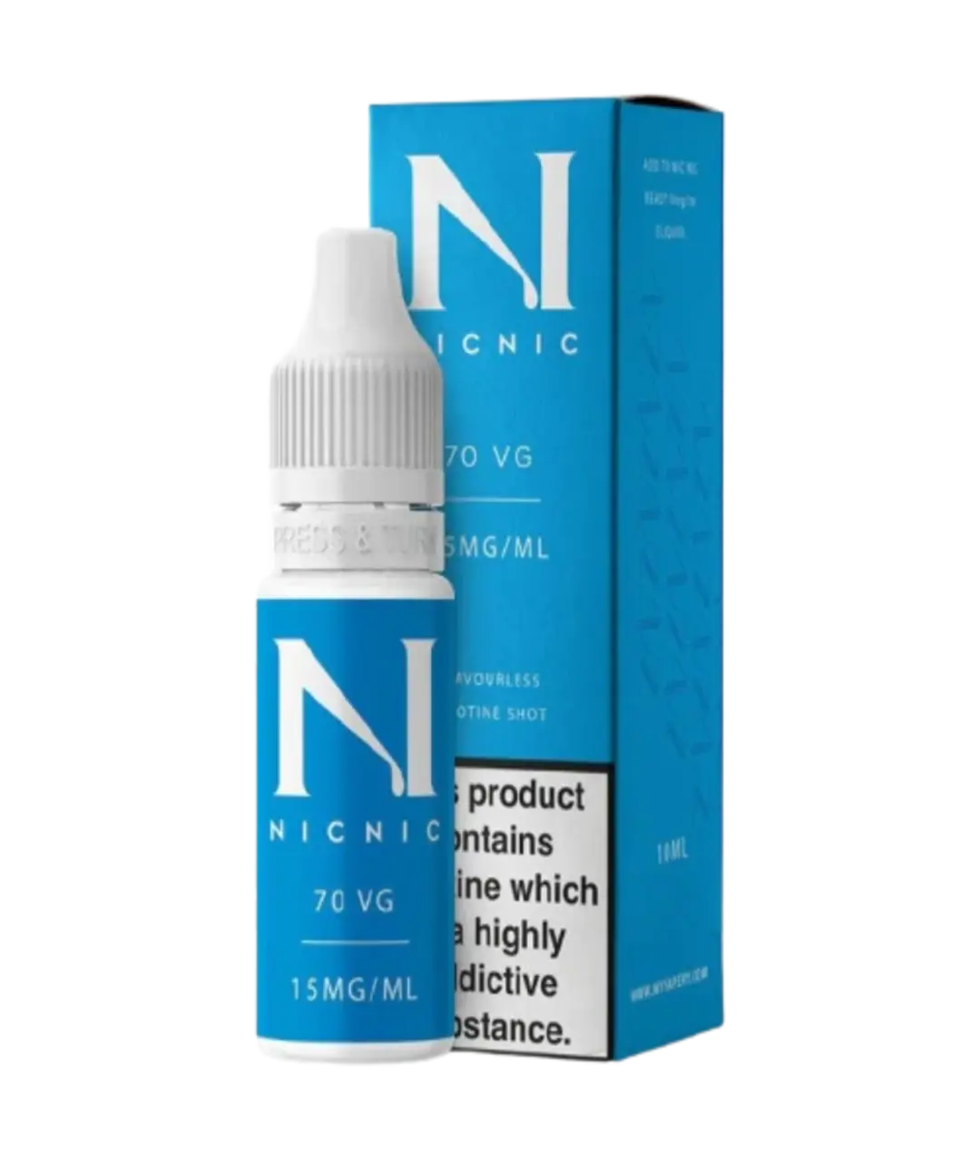 A bottle of Luxe Vaper Nic Nic 70VG Nicotine Shot - 10ml next to its packaging box. The label on the bottle indicates a nicotine strength of 15 mg/ml and a VG/PG ratio of 70/30. The box warns that the product contains nicotine, which is addictive.