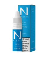 A bottle of Luxe Vaper Nic Nic 70VG Nicotine Shot - 10ml next to its packaging box. The label on the bottle indicates a nicotine strength of 15 mg/ml and a VG/PG ratio of 70/30. The box warns that the product contains nicotine, which is addictive.