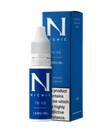 A bottle of Luxe Vaper Nic Nic 70VG Nicotine Shot and its packaging. The label indicates "18mg/ml" in a 10ml bottle with a 70 vg composition, warning of high nicotine content.
