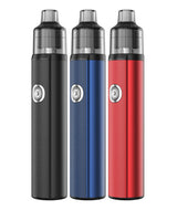Three Aspire BP Stik Kits in black, blue, and red from the Aspire brand, displayed upright with prominent power buttons on their bodies. Each device is cylindrical and features a metallic finish at the