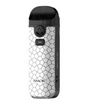 Image of a white Smok Nord 4 Pod Kit with a hexagonal pattern on the body. The device, compatible with RPM & RPM 2 coils, has a black mouthpiece at the top, a circular button on the front, and a smaller rectangular button just below it. It has "Smok" written near the bottom.