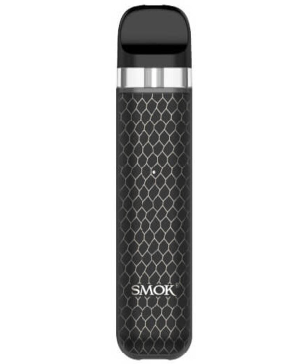 An electronic cigarette from Smok Novo 2x Pod Kit featuring a sleek, black design with a honeycomb pattern on the body and a contrasting glossy black top.