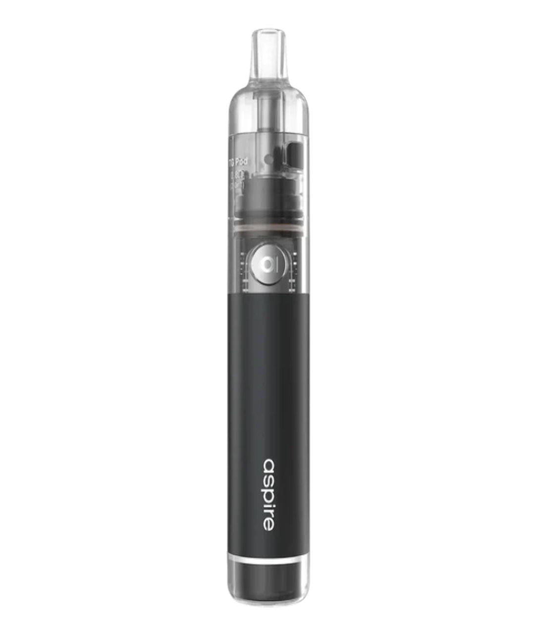 A black Aspire Cyber G Kit with a transparent tank and silver accents, featuring a prominent central button and display screen on its body.