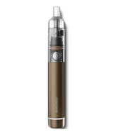 Aspire Cyber G Kit or vape pen in a metallic gold finish with a clear tank and digital display, designed for MTL vape kit, isolated on a white background.