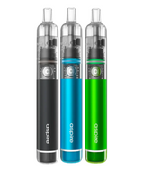 Three Aspire Cyber G Kits in black, blue, and green, each labeled "Aspire" with transparent tanks and metallic accents, aligned vertically on a white background as part of the Aspire TG Replacement Pods.