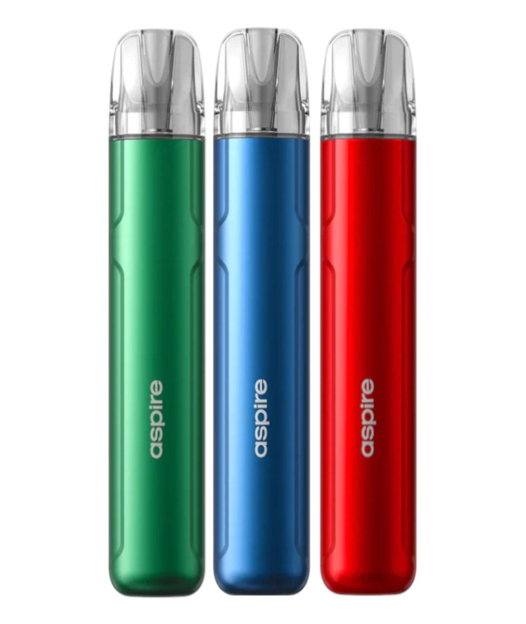 Three Aspire Cyber S Kit vaping devices in green, blue, and red colors, each with a transparent top and metallic body, aligned vertically against a white background.