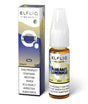 Packaging and a bottle of ElfLiq by Elfbar Blue Razz Lemonade nic salt e-liquid, labeled accordingly, are placed side by side. The packaging states it contains nicotine and is highly addictive.