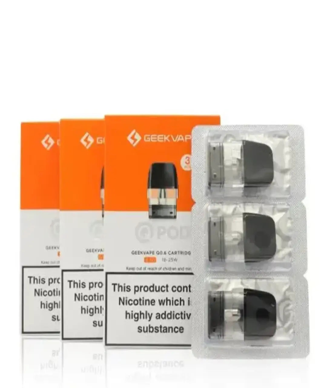 Three boxes of Geekvape Q Pods - 3 Pack labeled with nicotine warnings, accompanied by three visible refillable pod cartridges in transparent packaging, against a white background.