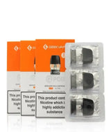 Three boxes of Geekvape Q Pods - 3 Pack labeled with nicotine warnings, accompanied by three visible refillable pod cartridges in transparent packaging, against a white background.