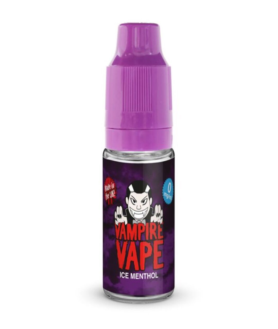 A small bottle of Vampire Vape e-liquid with a purple screw cap. The label reads "Vampire Vape Ice Menthol - 10ml" with an illustration of a cartoon vampire face above the text. The background of the label is dark purple, perfectly capturing the essence of this frosty menthol delight.