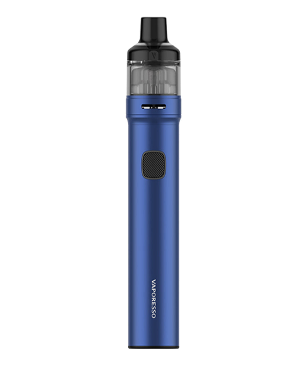 A blue Vaporesso GTX Go 80 Kit with a black mouthpiece and a transparent tank. The kit features a button on its front and has the brand name "Vaporesso" printed vertically near the bottom, showcasing advanced leak-resistant technology for a seamless vaping experience.