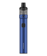 A blue Vaporesso GTX Go 80 Kit with a black mouthpiece and a transparent tank. The kit features a button on its front and has the brand name "Vaporesso" printed vertically near the bottom, showcasing advanced leak-resistant technology for a seamless vaping experience.
