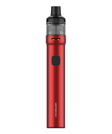 A sleek, red vaporizer with a cylindrical design. It has a transparent top section for the e-liquid chamber and a black mouthpiece. The body has a single rectangular button, features leak-resistant technology, and the brand name "Vaporesso GTX Go 80 Kit" is printed vertically at the bottom.