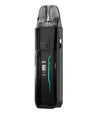A black, modern Vaporesso Luxe XR Max vaping device with a digital display showing wattage, battery status, and puff counter, featuring a refillable pod and USB charging port.