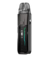 A black, modern Vaporesso Luxe XR Max vape device with a digital display showing power settings, a visible pod on top, and a green accent on its design.