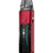 A digital red Vaporesso Luxe XR Max device with a clear top, featuring a GTX coil, a display showing battery life, wattage settings, and a puff counter, accompanied by a side activation button.